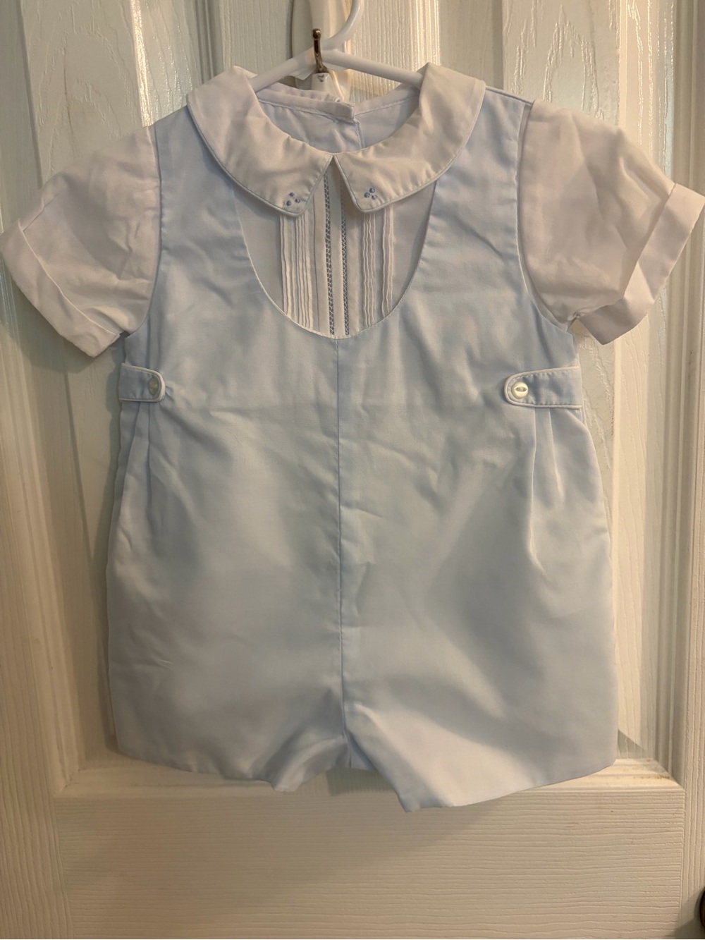 Petit Ami Baby Boy's Classic Blue Hand Embroidered Shortall Romper Size 6 Months